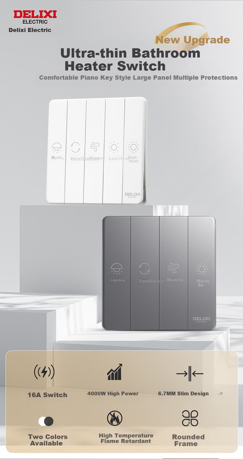 DELIXI 86 Type Bathroom Heater Switch Thin Key Switch Panel Five-Position Single Motor Gray 1