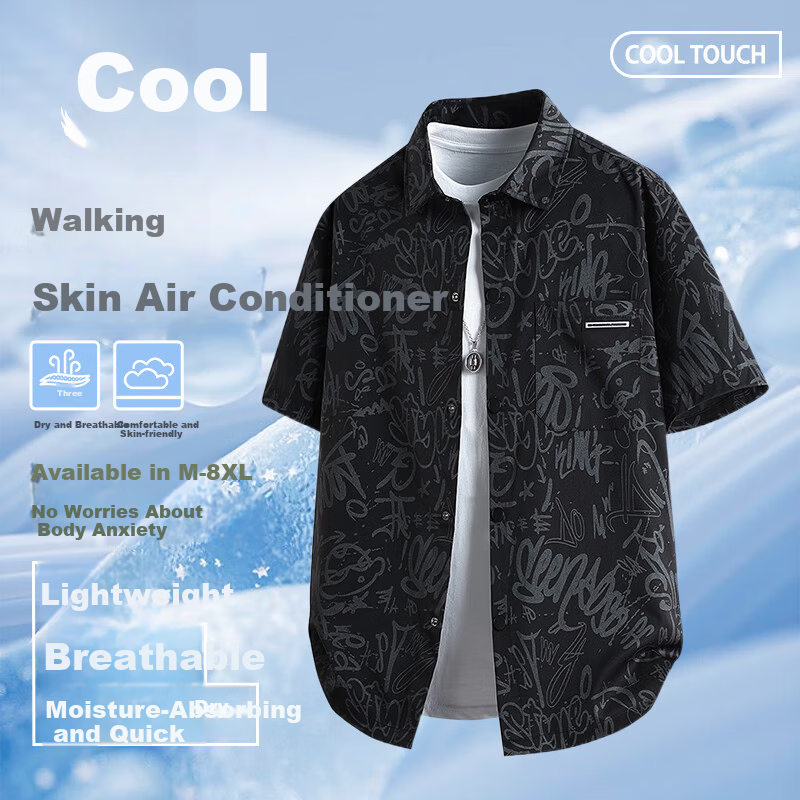 Number One Youth Men's Summer Short Sleeve Shirt Ice Silk Cooling Loose Fit Plus Size Black 4XL