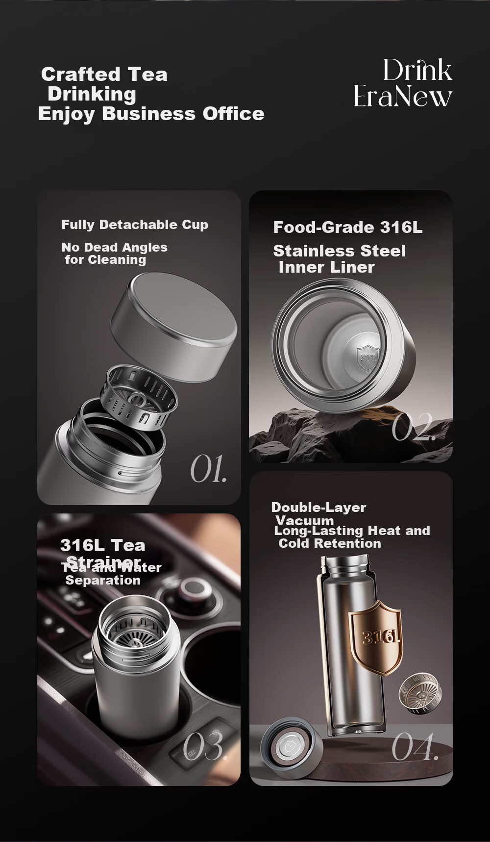 Fuguang 316L Stainless Steel Insulated Water Bottle Business Office Tea Cup Unisex Thermal Flask Straight Body Cup 2