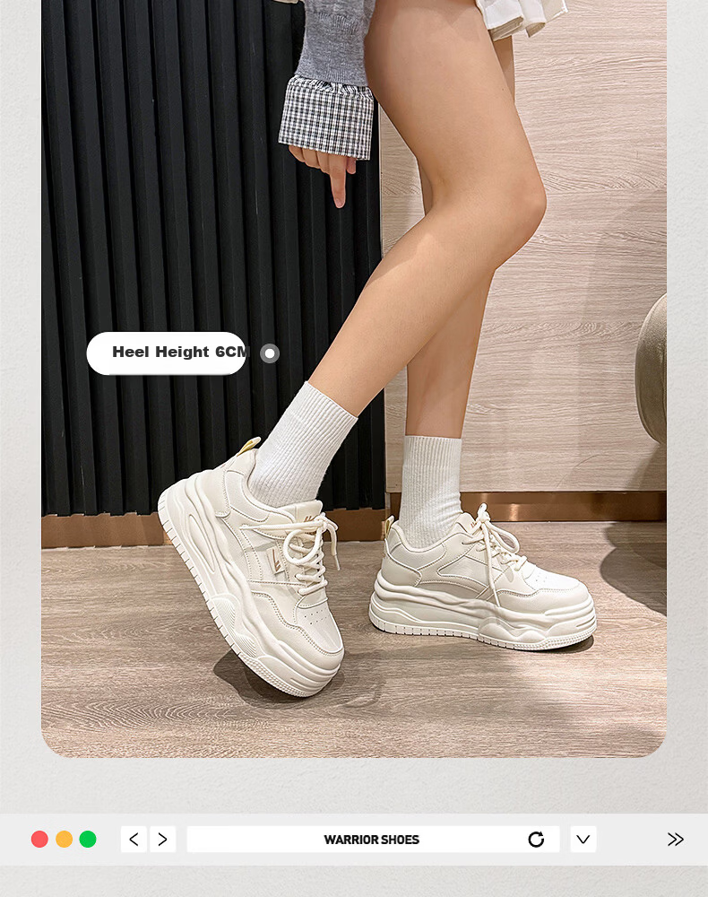 Warrior Women's Shoes 2026 Summer New Thick Sole Height Increasing Fashion Casual Sneakers Deep Beige Size 40 6