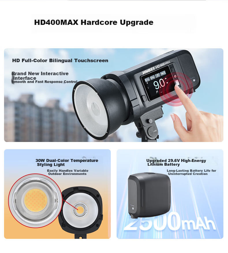 JINBEI HD400MAX Portable Outdoor Flash 400W Upgraded Handheld Lithium Battery Photography Light High-Speed Sync TTL Auto Metering Built-in Wireless Receiver Bilingual Touch Screen 2