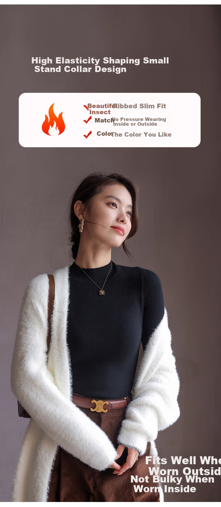 Caiyue Women's Knitted Thermal Fleece-Lined Half Turtleneck Sweater Autumn Winter Thick Warm Pullover 8