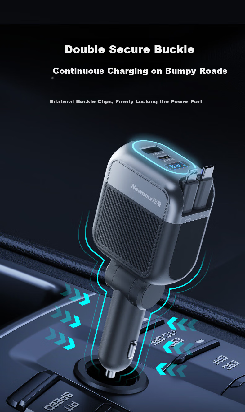 Newsmy Car Charger Super Fast Charging with Retractable Cable Multi-Function 3-in-1 Cigarette Lighter Adapter Car Charger 30