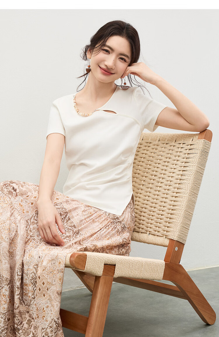Shangdu Bila Cotton Blend Pleated Slim Fit T-Shirt Women Spring Summer Designer Round Neck Hollow Out Asymmetric Overlap Irregular Split Top 16