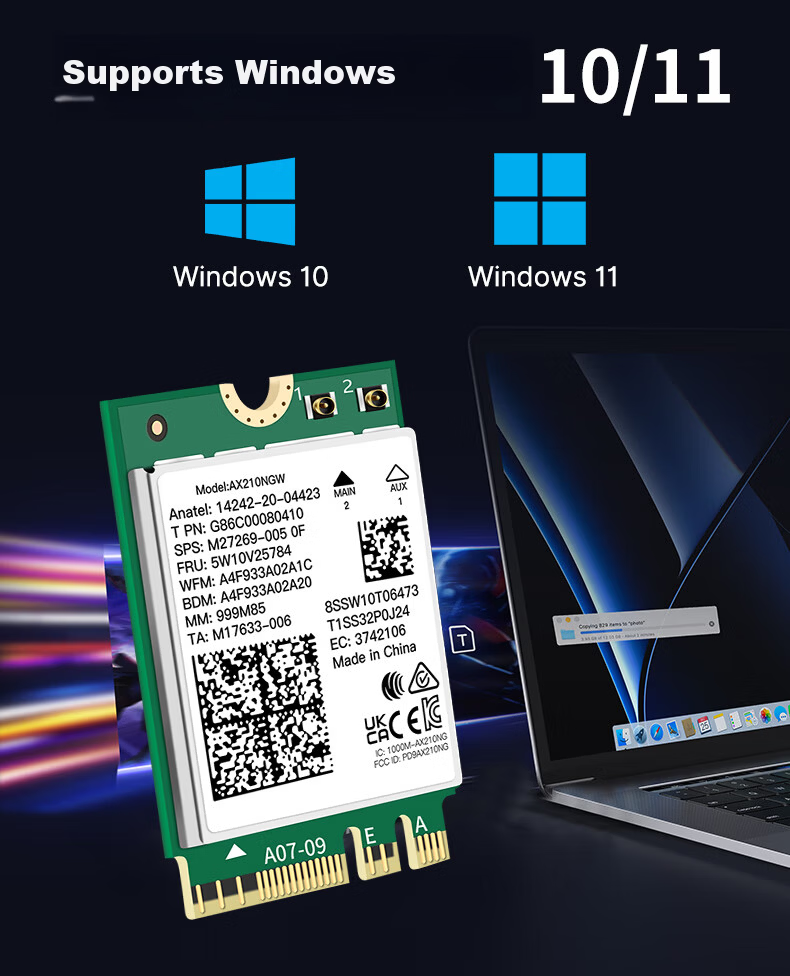 Fenvi Intel AX210 Gaming Wireless Network Card Laptop Network Card Desktop M.2 NGFF Card 5G Dual-Band Gigabit WiFi Receiver 9