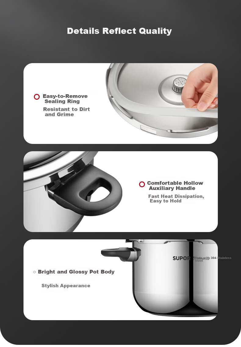 SUPOR Pressure Cooker 304 Stainless Steel Thickened Explosion-Proof Safe Large Capacity 22cm Pressure Cooker for Gas and Induction Cookers 7