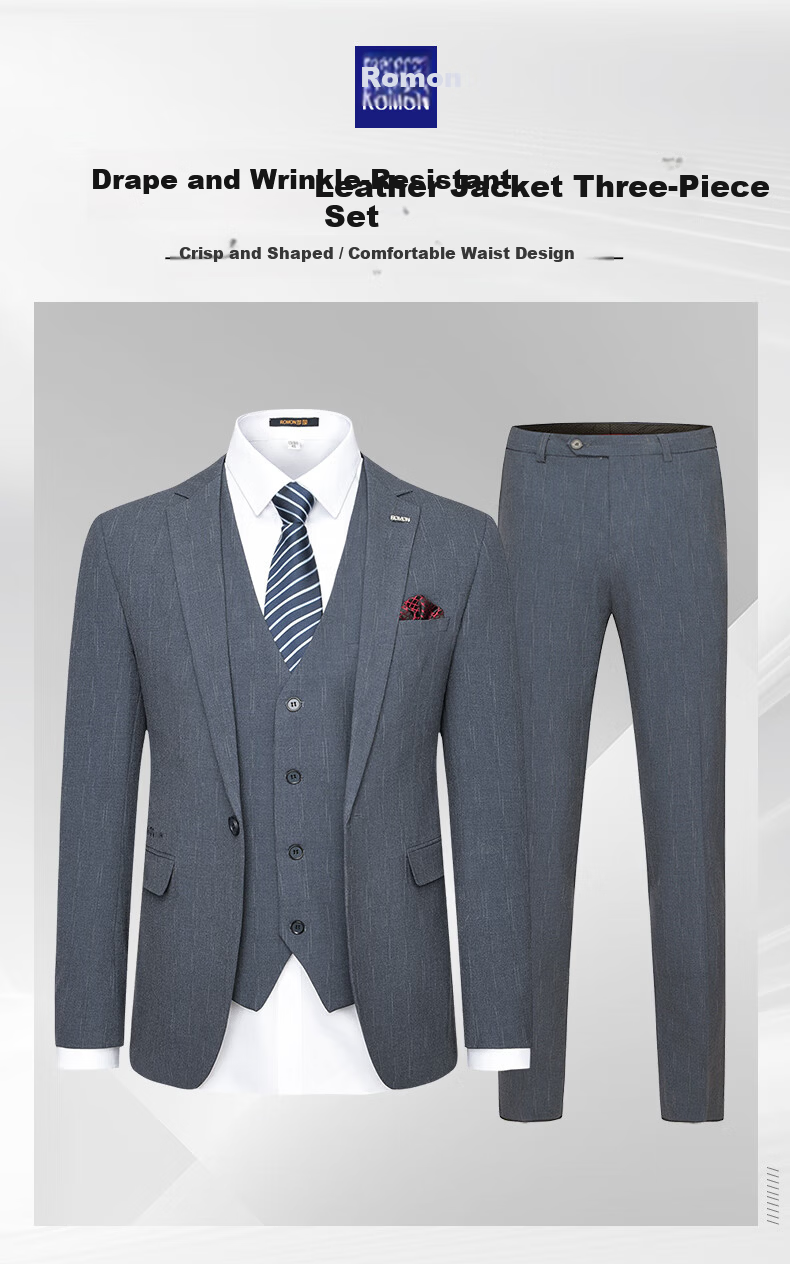 ROMON Men's Slim Fit Three-Piece Suit Business Formal Wedding Groom Outfit 1