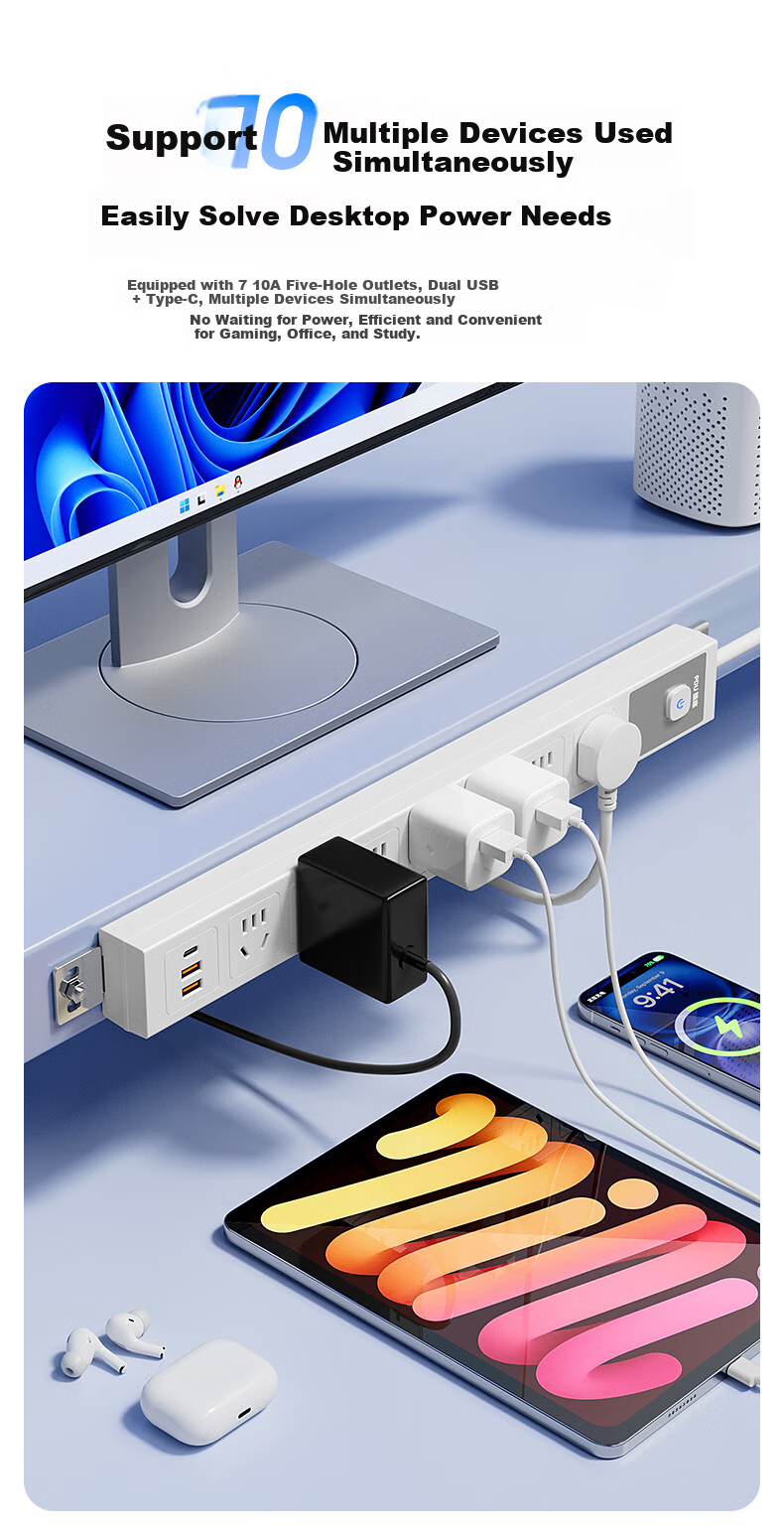 Sushiermo PDU Wireless Gaming Power Strip with Overload and Overpower Protection - 7-Port 2U1C Master Control Switch, Under-Desk Rack-Mounted Self-Wiring Socket 3