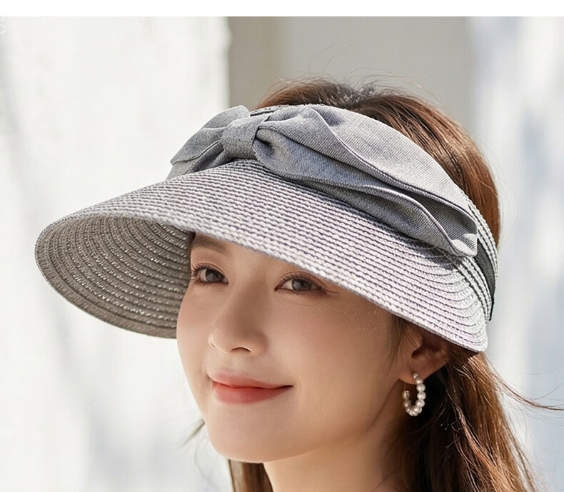 CACUSS Women's Open-Top Straw Sun Hat with Bow, Fashionable Vacation Outdoor Summer Sunshade Cap, Starlight Gray 8