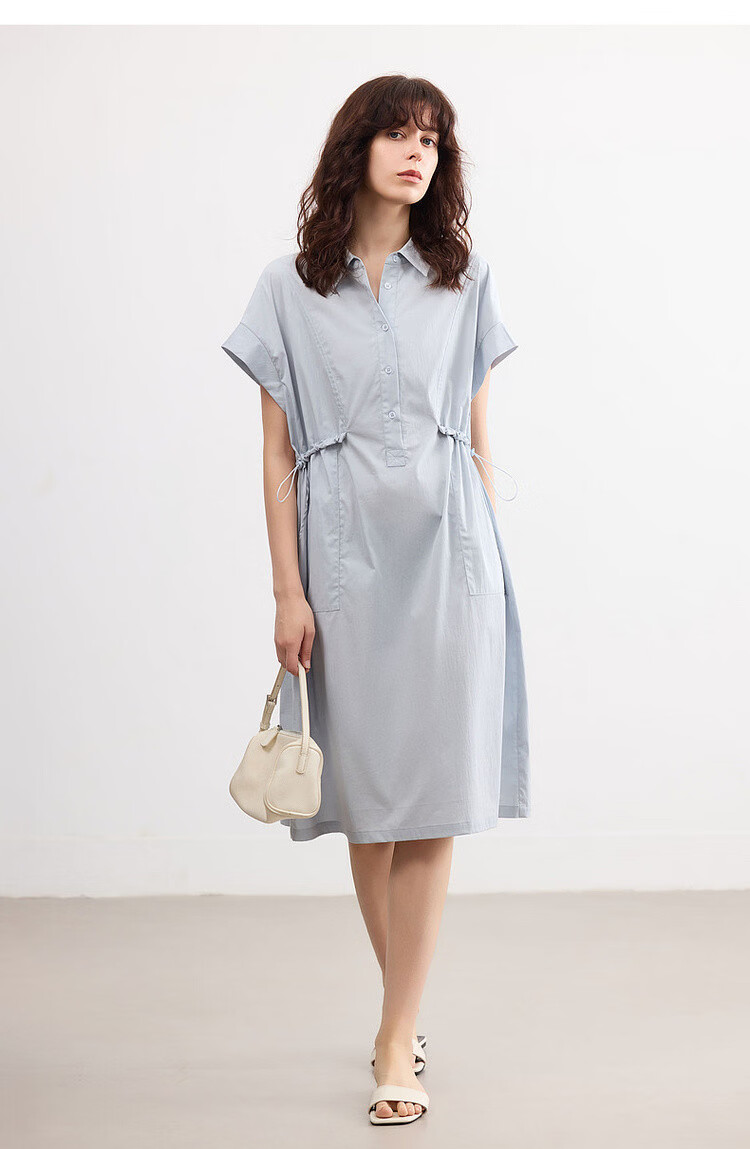 Demana [Cloud Cotton Whisper] Summer Simple Style Lapel Half-Placket Drawstring Waist Loose Casual Mid-Length Dress for Women 18