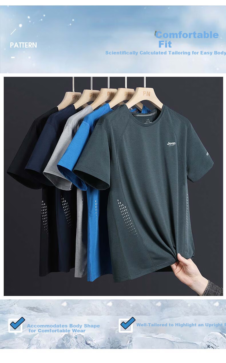 JEEP SPIRIT Men's Short Sleeve T-Shirt Summer Ice Silk Quick-Dry Crew Neck Casual Sports Outdoor Green 2XL 2