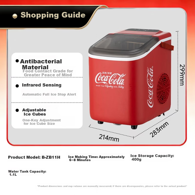 Coca-Cola Home Use Small Fully Automatic Ice Maker with One-Touch Cleaning, Adjustable Bullet and Large Ice Cubes, Mini Dormitory Ice Machine 1.1L