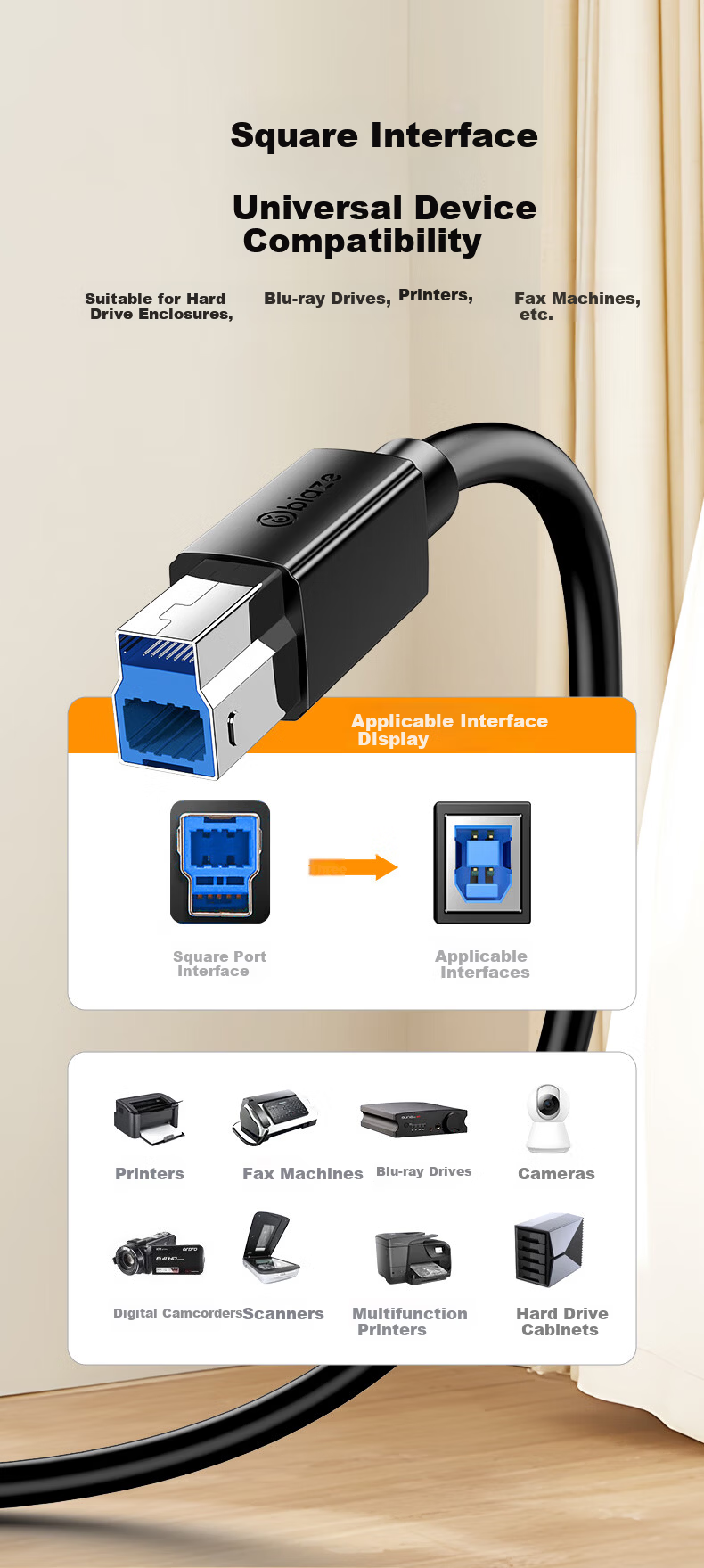BIAZE USB 3.0 Printer Square Port Data Cable AM/BM Monitor Uplink Hard Drive Enclosure Connection Cable Compatible with HP Canon Epson Printers 1.5m 3