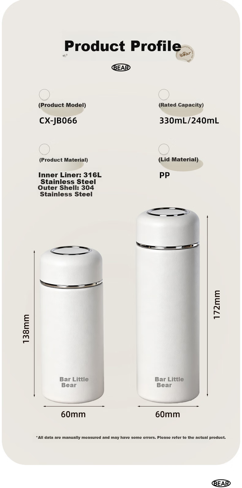 Bear Insulated Pocket Mug 316L Stainless Steel Portable Water Bottle Gift for Students Children Men Women 240ml 13