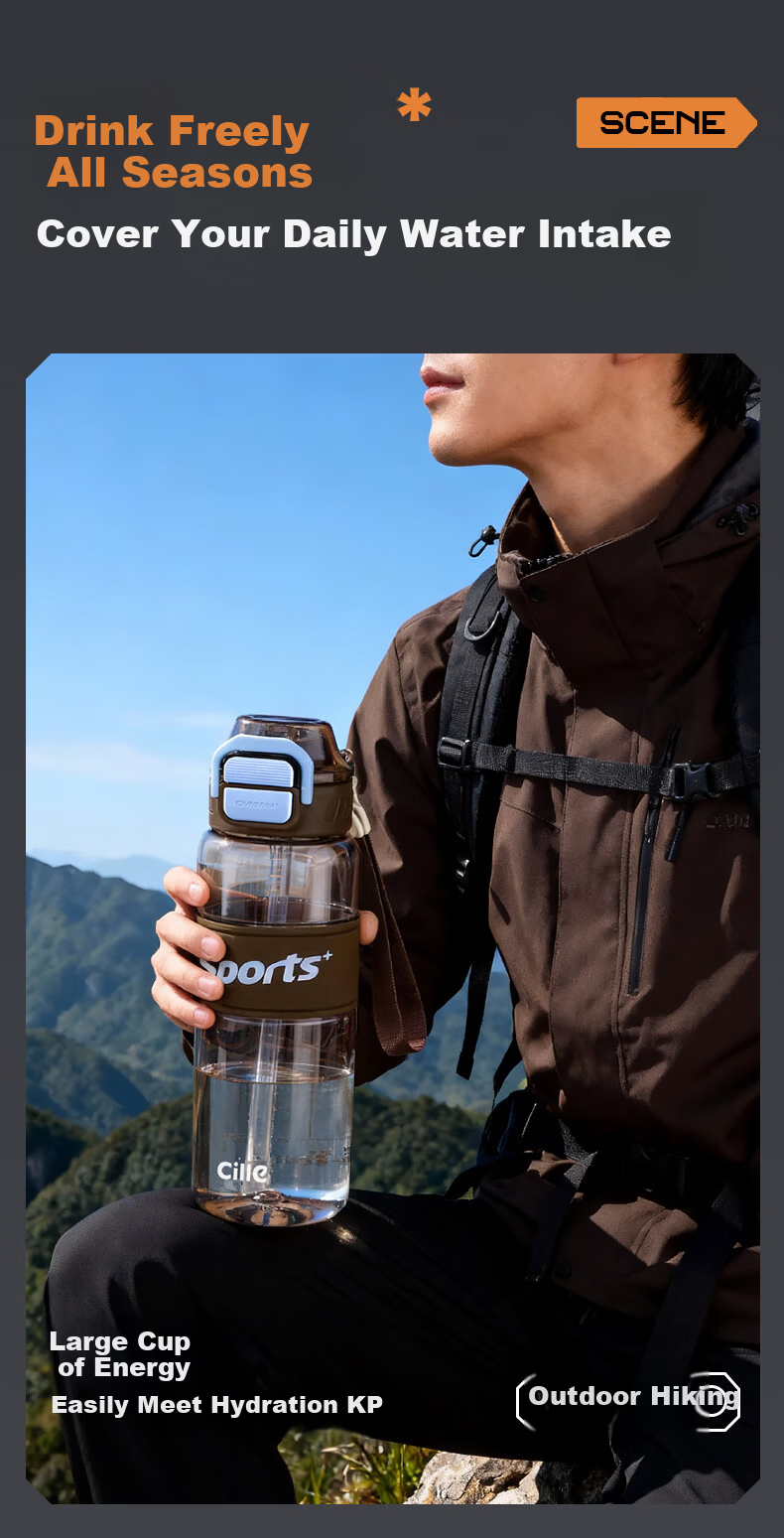 Cille Sports Water Bottle Unisex Outdoor Fitness Large Capacity Tritan High Temperature Resistant Thickened Dual-Drink Portable Cup 3