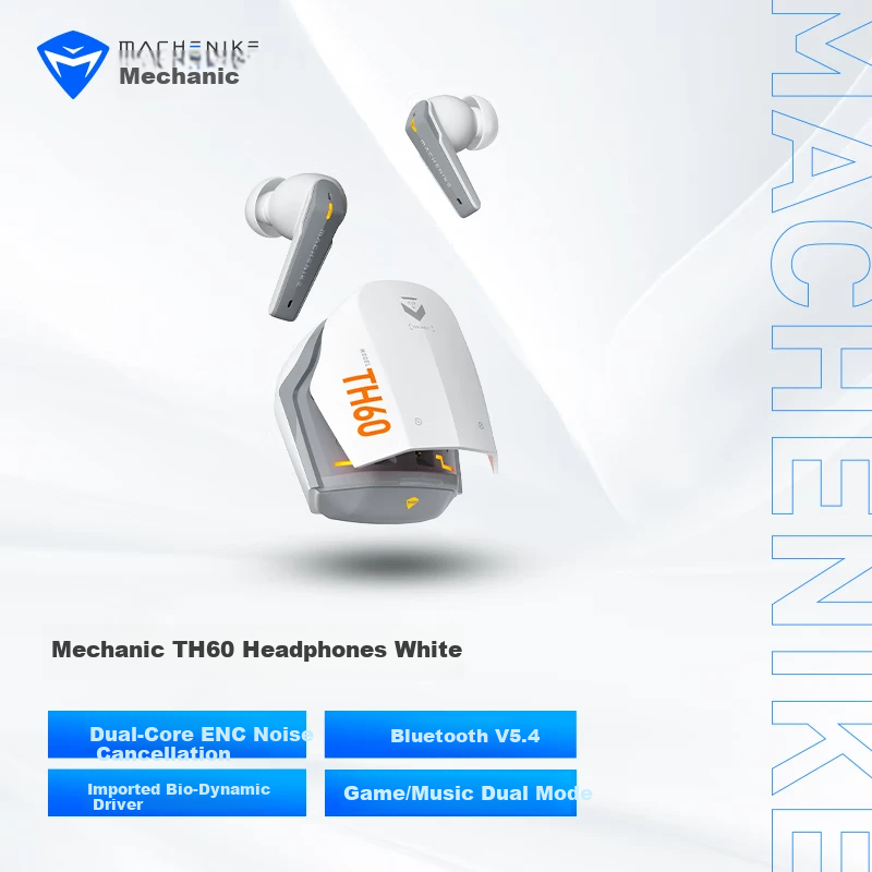 MACHENIKE TH60 Bluetooth Wireless Earbuds Apple Android True Wireless In-Ear Bluetooth 5.4 Sports Earphones Long Battery Life High-Quality Sound White