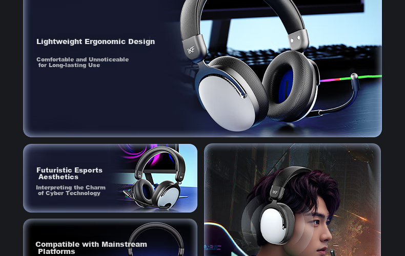 IKF V12 USB Sound Card Edition Gaming Headset Over-Ear Esports Headphones Wired FPS Exclusive Tuning 7.1 Surround Sound Microphone Valorant Delta Black Gray 6