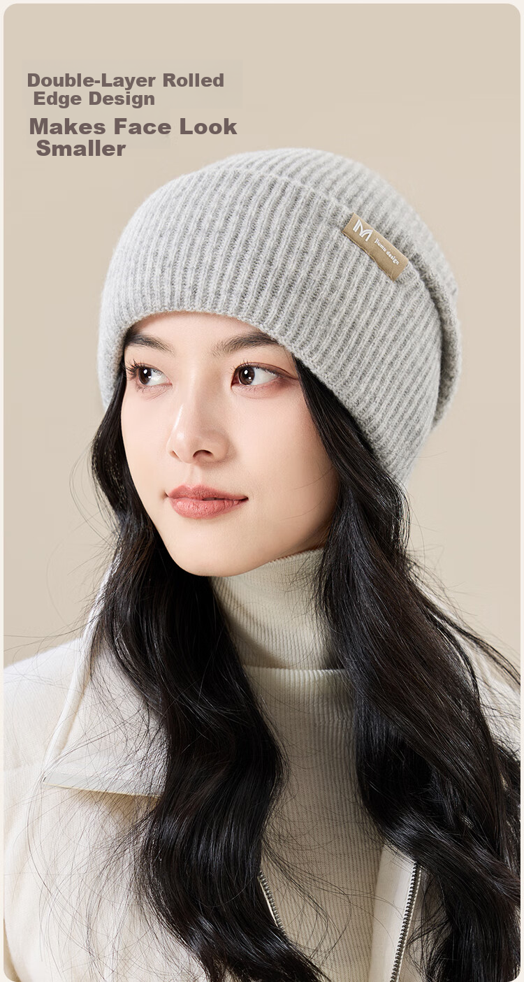 JIUMU Pure Wool Warm Knit Hat, Autumn And Winter Knitted Cap, Slouchy Hat, Cold Cap, Winter Hat, Outdoor Ear Protection, Cold-Resistant Hat for Wome 7