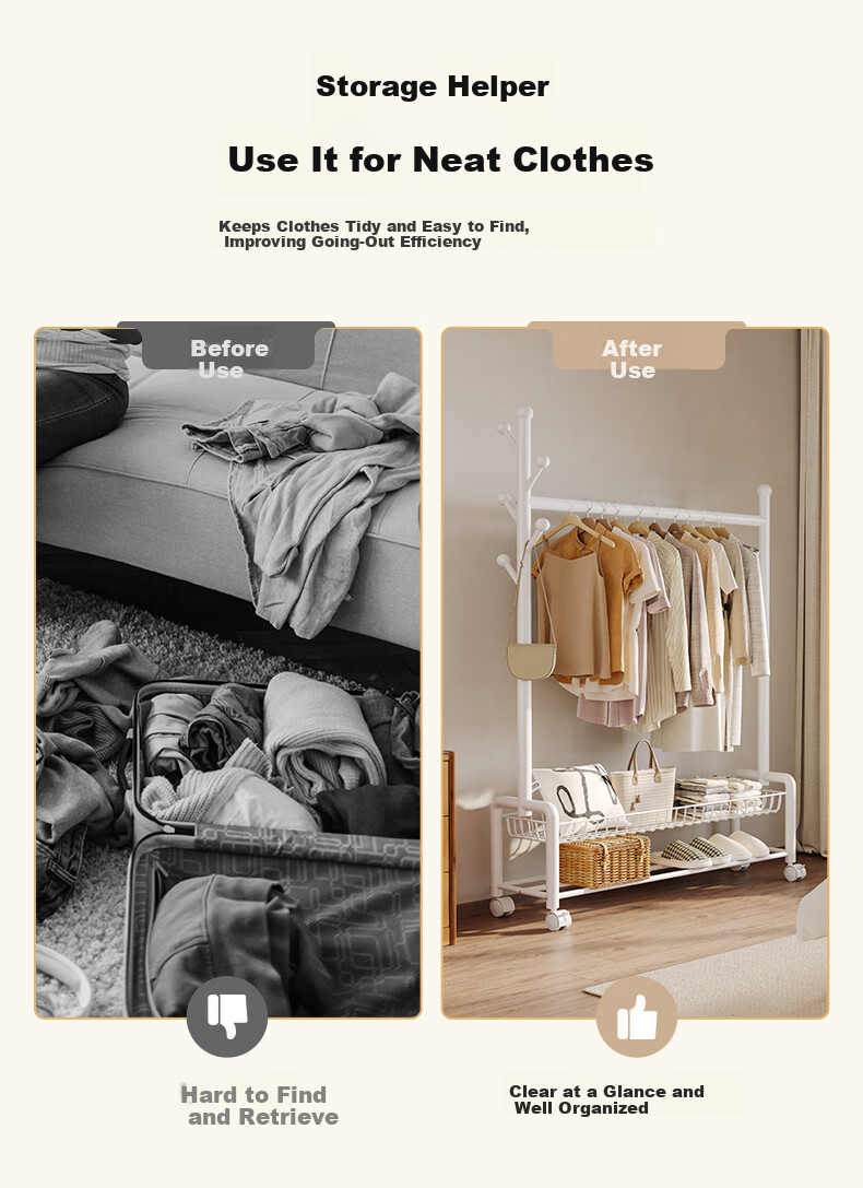 Yicai Nianhua Floor Clothes Drying Rack with Net and Wheels Multifunctional Bedroom Clothes Rack with Storage Basket and Coat Hanger 1255 4