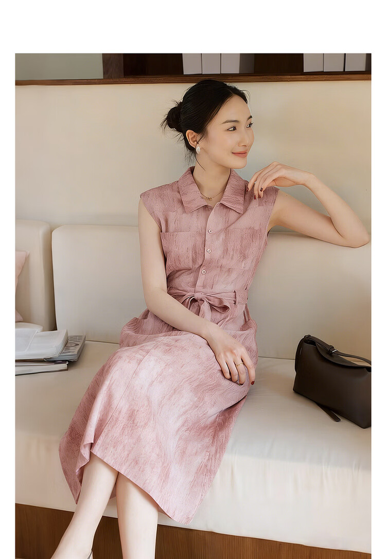 MT Elegant Urban Summer Commuter Gradient Texture Lapel Half-Placket Sleeveless Waist-Slimming Women's Dress 3