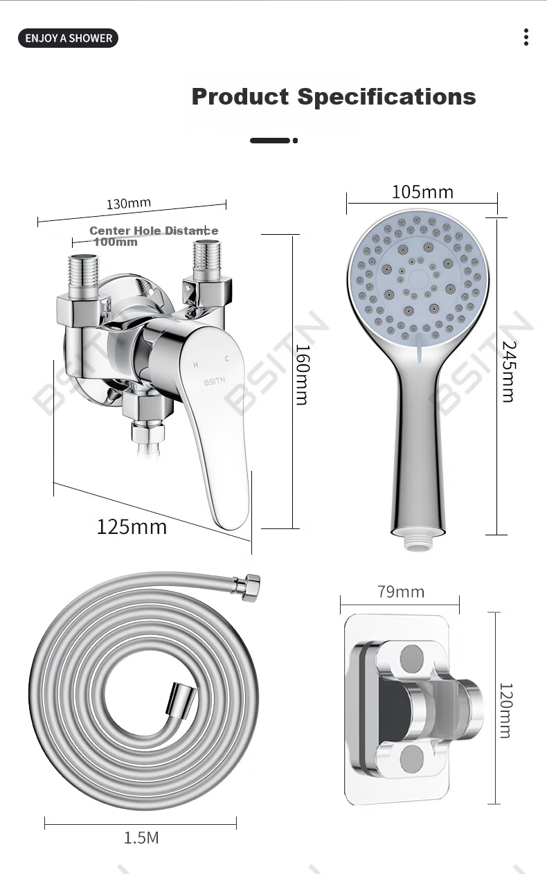 BSITN Simple Surface-Mounted Shower Set Small Apartment Copper Mixing Valve Shower Head Hose Bracket Complete Set Without Top Spray H024 18