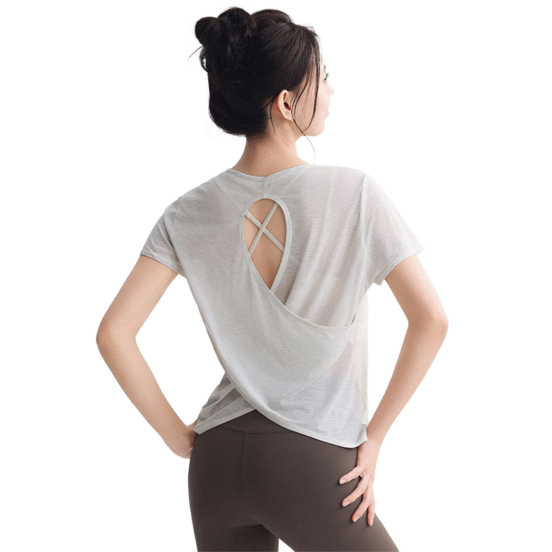 Langsha Women's Fitness Yoga Shirt Summer Running Sports Short Sleeve Loose Quick-Dry Breathable Pilates Training Backless Top