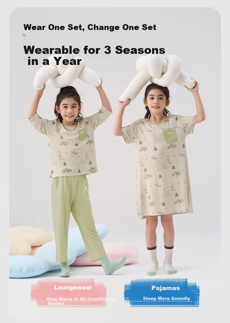 HeyBetter Kids Evening Breeze Quick-Dry Homewear 5A Antibacterial Soft Breathable Set - Otter Forest (Gray Green) 120 11
