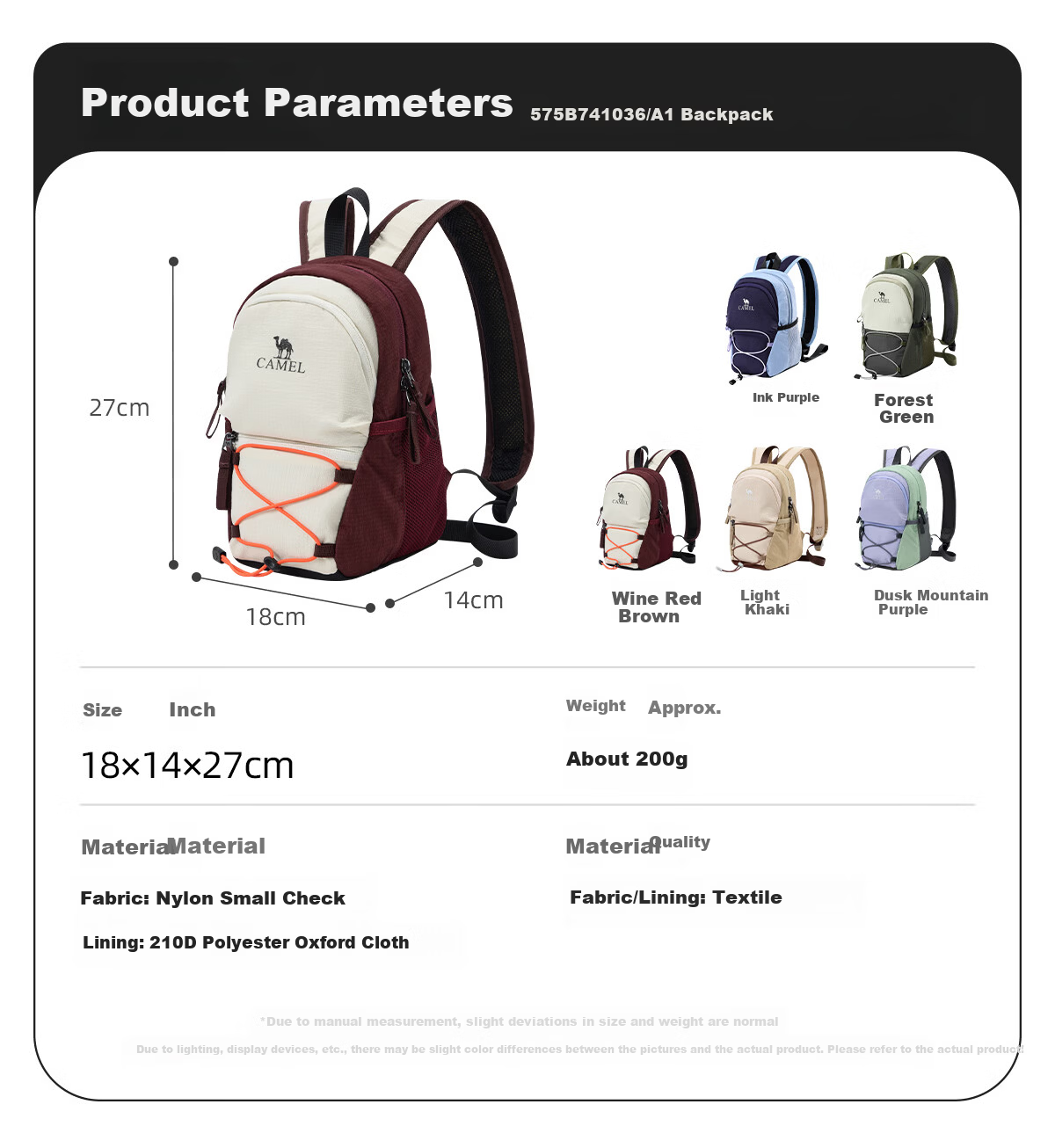 CAMEL Sports Casual Backpack Unisex 2026 Travel Outdoor Hiking Water-Resistant Lightweight Double Shoulder Bag 1036A 9