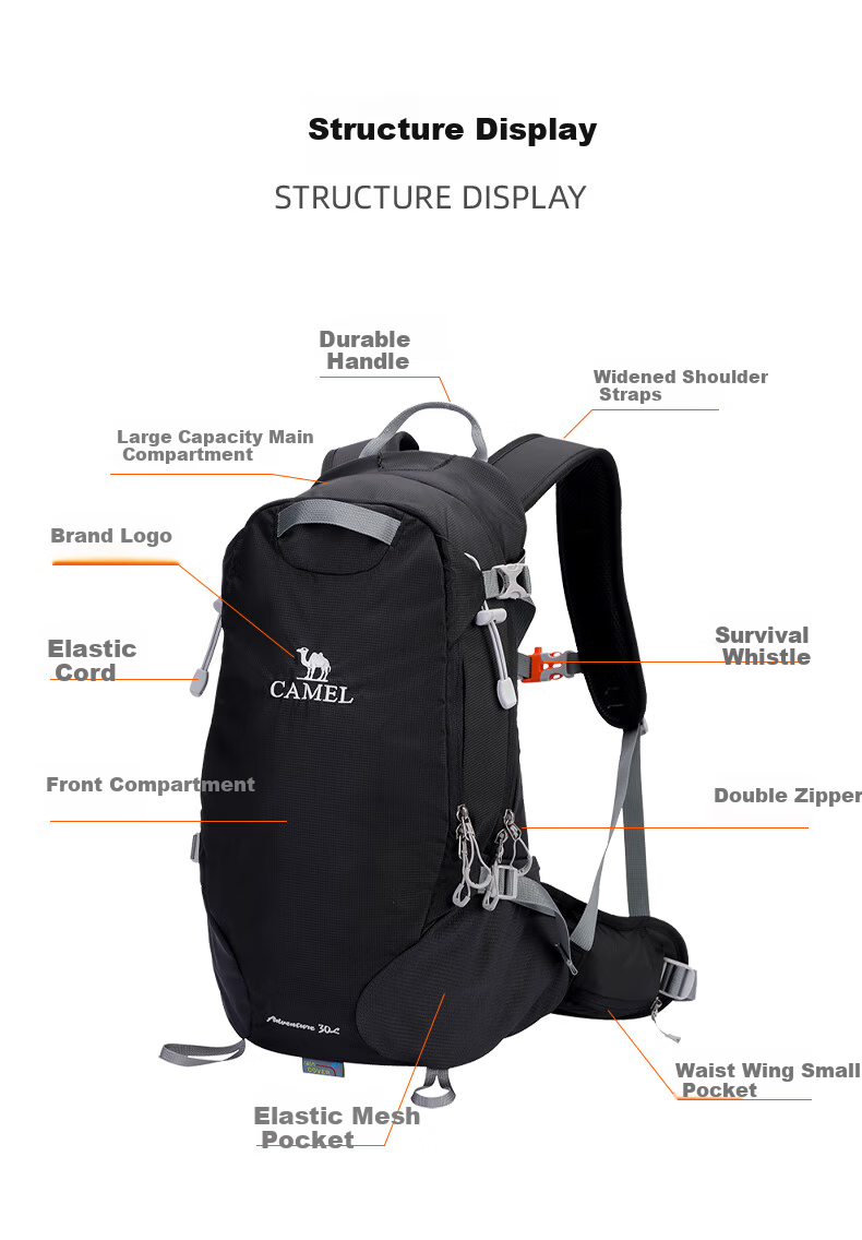 CAMEL Dawn Outdoor Lightweight Hiking Backpack Sports Camping Casual Travel Mountaineering Bag 1S32267148B Black 10