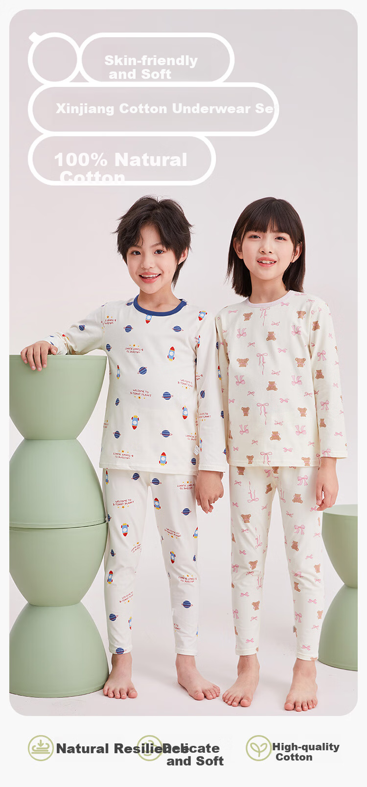 Hongdou Kids Thermal Underwear Set Class A Boys and Girls Autumn Long Johns Student Autumn Winter Base Layer with Bow Doll 150 1