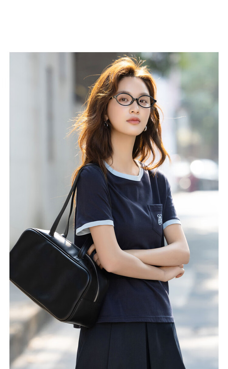 Demana [Naifu Pure Cotton] Summer Elegant Commuter Embroidered Color-Blocked Piped Patch Pocket Slimming Concealing T-Shirt for Women Premium Feel 10
