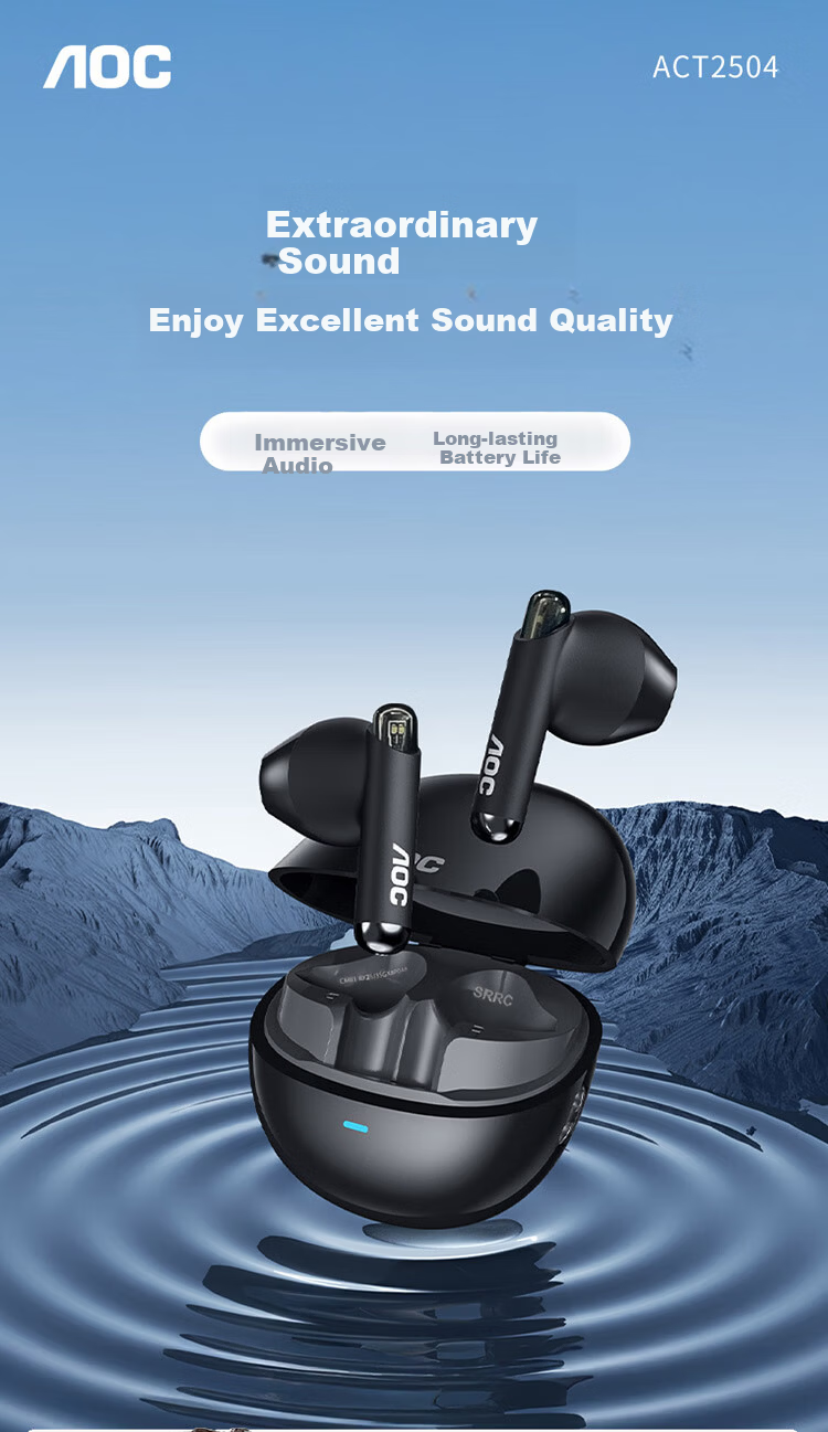 AOC Wireless Bluetooth In-Ear Earphones Long Battery Life Fast Charging for Apple Huawei Xiaomi OPPO Phones Sports Running Gaming ACT2504BK Black 1