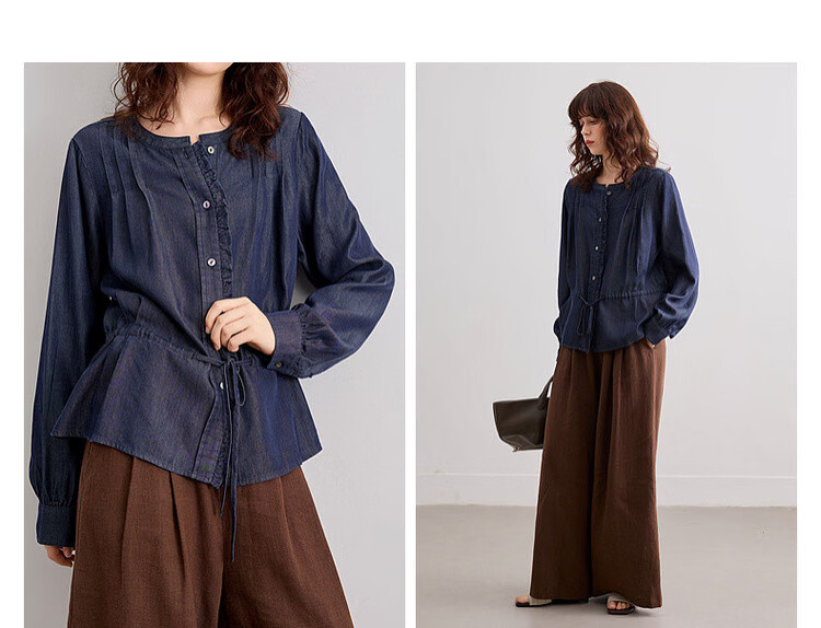 Demana [100 Lyocell] Spring French Style Round Neck Ruffle Drawstring Denim Shirt for Women Premium 10