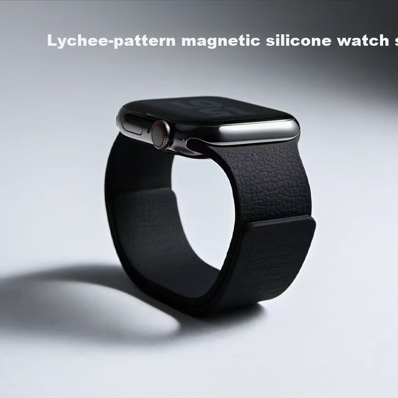 HotFire Litchi Texture Magnetic Silicone Band for Apple Watch S11/SE2/Ultra3 iWatch S10/9/8/7/6/5/4 - Black