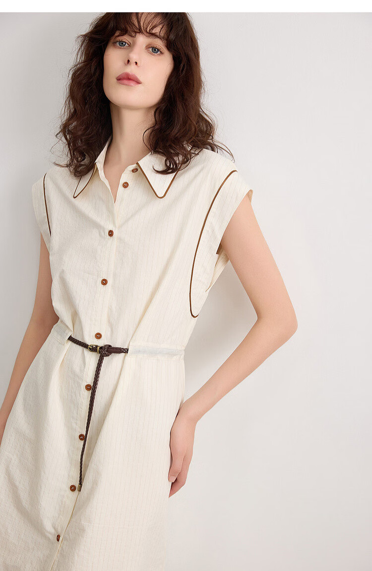 Demana [Comfort Oxygen Cotton Series] Summer Commuter Striped Color-Block Trim Polo Collar PU Belt Mid-Length Dress for Women 16
