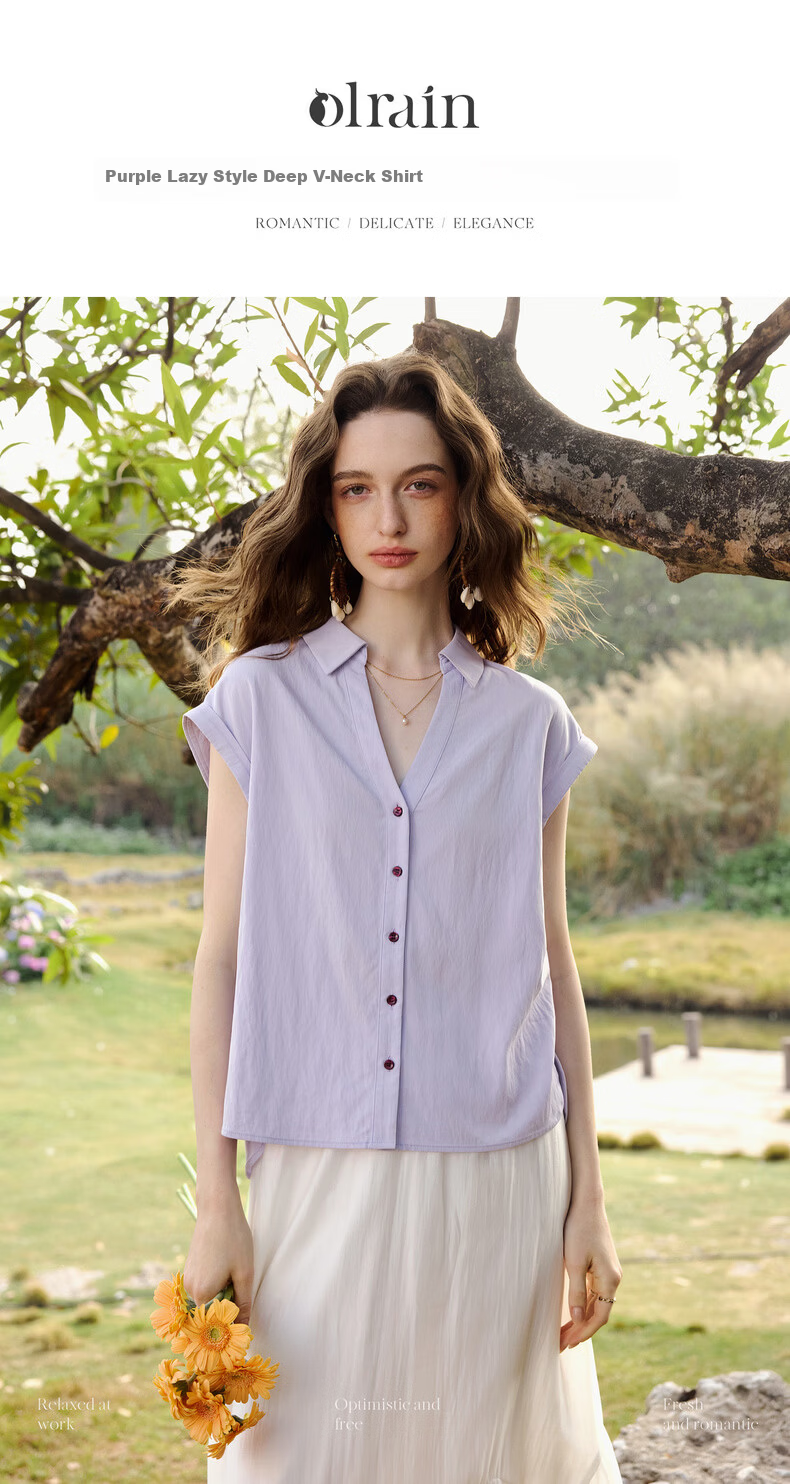 Olrain Lazy Design Short Sleeve Shirt Women's Summer New Elegant Cardigan Top Purple M 1