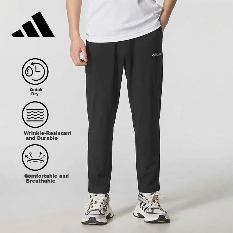 Adidas Men's Summer Woven Quick-Dry Straight-Leg Comfortable Versatile Running Loose Casual Pants Black 2XL