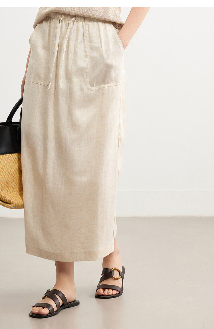 Demana [with Linen Lyocell] Summer Minimalist Commuter Split Drawstring Elastic Waist Slimming Mid-Length Skirt for Women 13