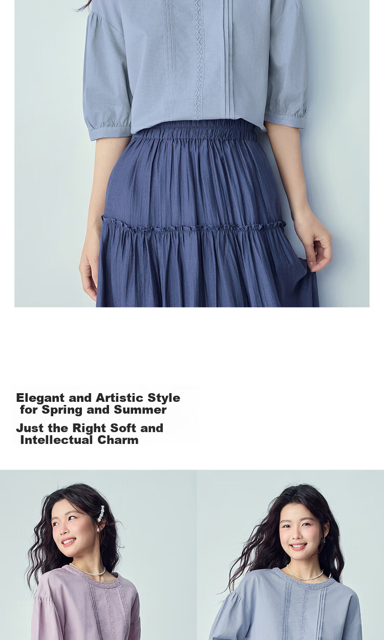 Giordano 2026 Summer New Cotton Linen Pleated Lace Loose Round Neck Mid Sleeve Linen Shirt for Women 13346226 9