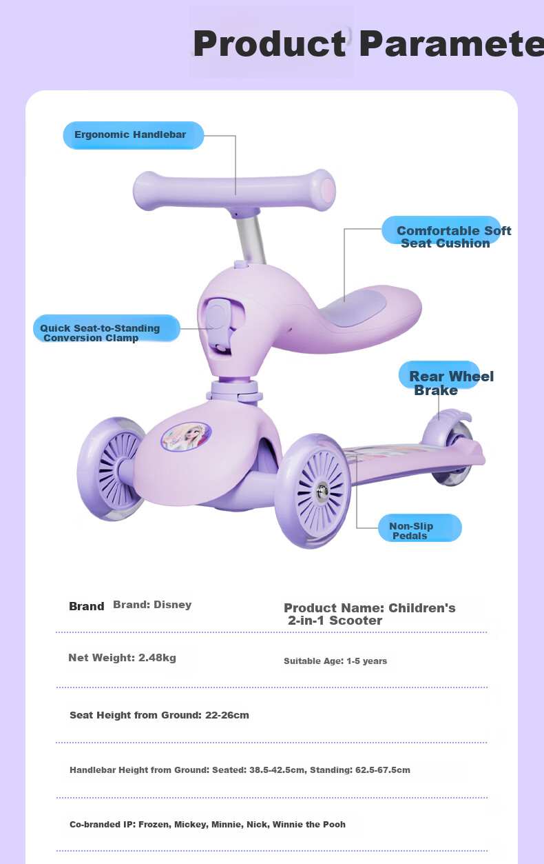 Disney Kids Scooter 1-3 Years Toddler Ride-On Walker 2-in-1 Flashing Wheels Elsa Princess Girl 9