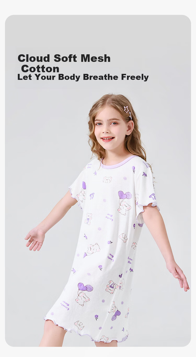 Yiershuang Children's Nightgown Girls Summer Homewear Cotton Cool Air-Conditioned Dress for Older Kids and Teens 2