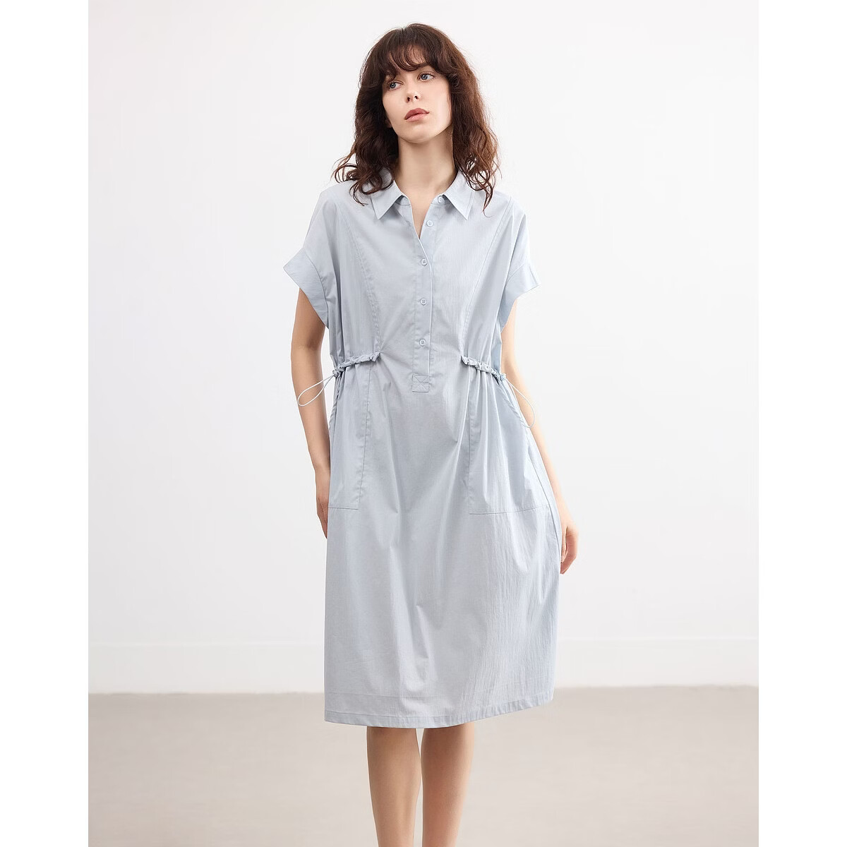 Demana [Cloud Cotton Whisper] Summer Simple Style Lapel Half-Placket Drawstring Waist Loose Casual Mid-Length Dress for Women