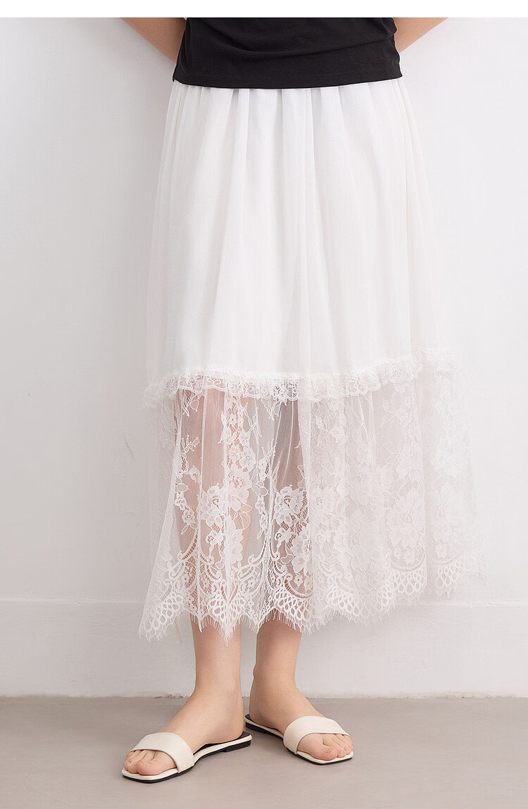 Demana [Yunsha Manwu] Summer Fresh Sweet Lace Splicing Lightweight Flowing Elastic Waist Mid-Length Skirt for Women 14