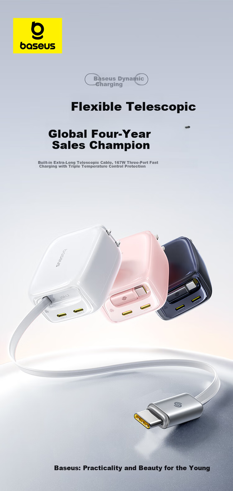Baseus 67W GaN Charger with Dual Retractable Cables Multi-Port Type-C Fast Charging PPS/PD 65W Compatible with Apple iPhone 17 Huawei Smartphones Laptops White Plug 9