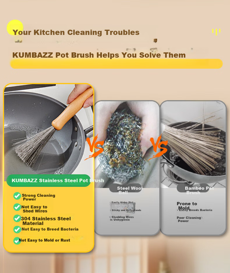 KUMBAZZ Stainless Steel Pot Brush Long Handle Kitchen Scrubber Extended Food-Grade Steel Wire Dish Brush Approximately 32cm 3