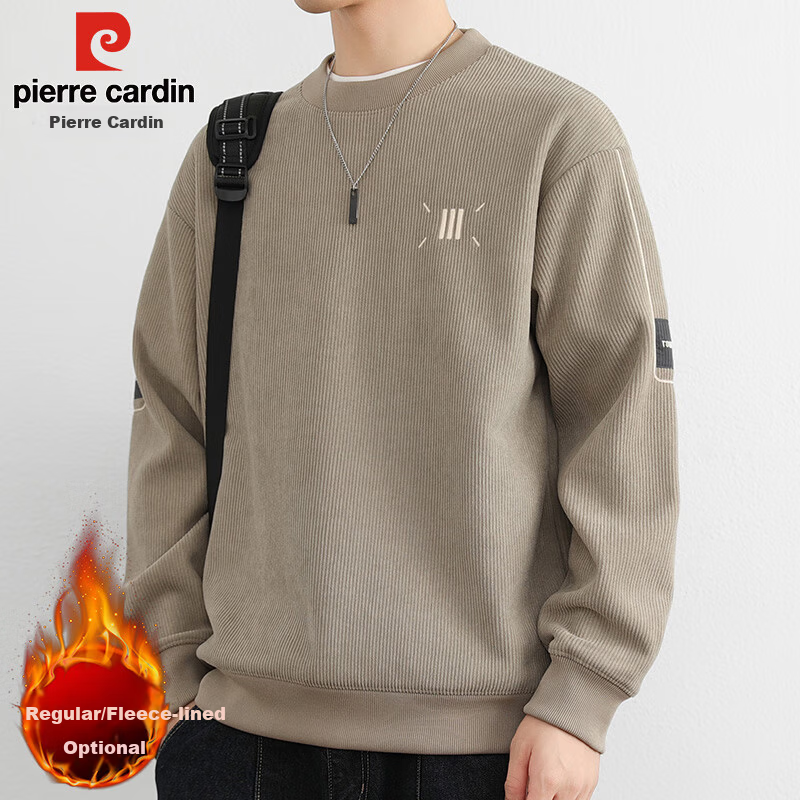 Pierre Cardin Men's Sweatshirt Spring and Autumn Korean Style Loose Fit Crew Neck Long Sleeve T-Shirt Earth Apricot 3XL