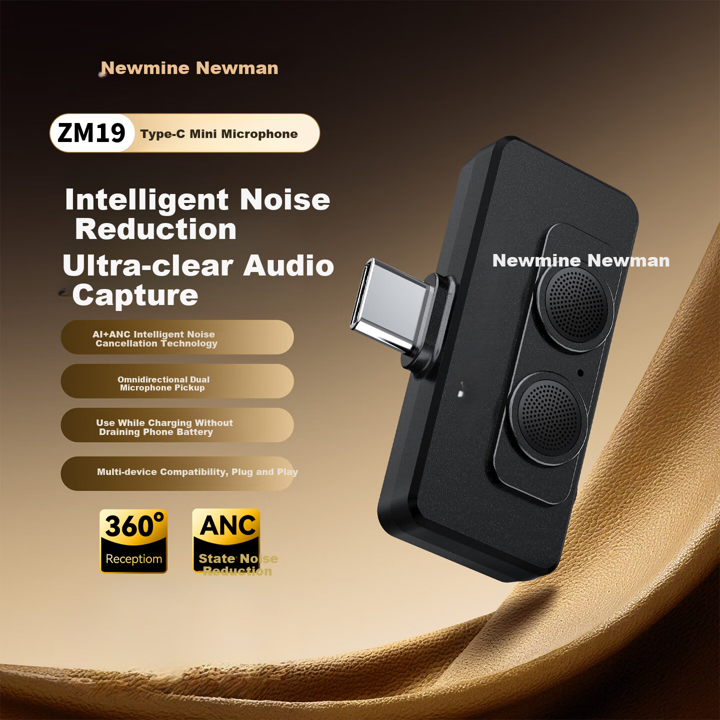 Newmine ZM19 Wireless Lavalier Microphone for Live Streaming, Noise-Cancelling Recording Mic for Short Videos, K-Singing, Mobile Phone Use, Black