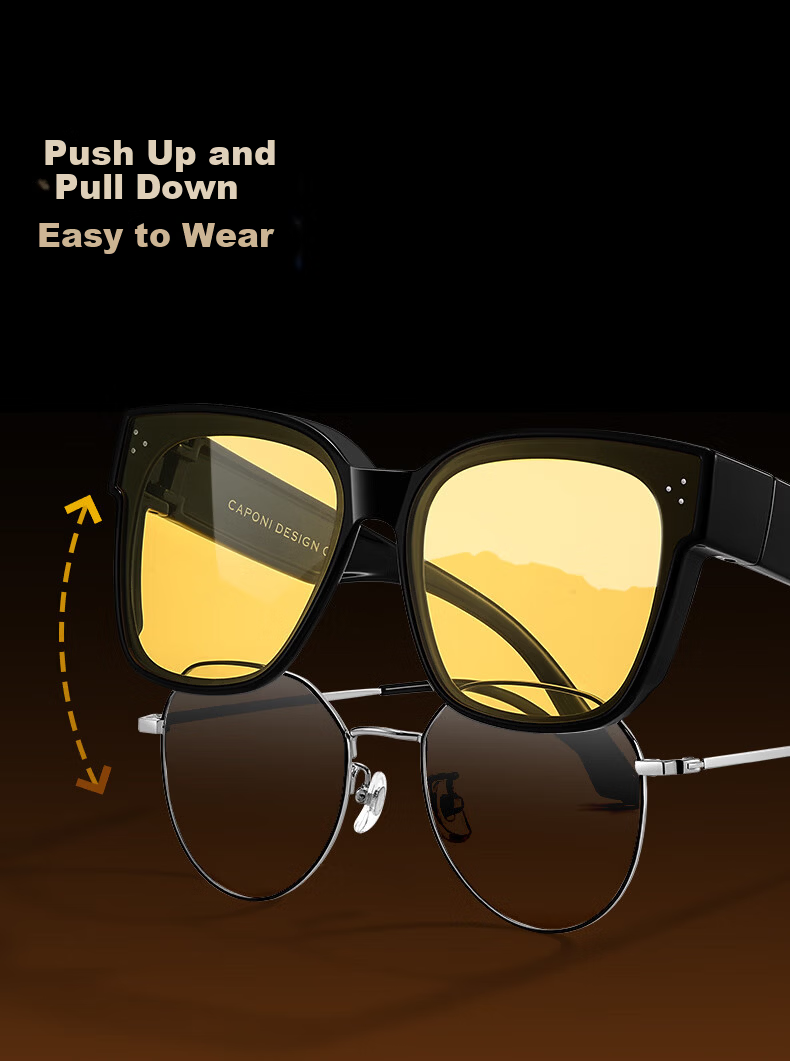 CAPONI Night Vision Driving Sunglasses Clip-On Unisex Photochromic Polarized Sunglasses Clip for Day and Night Use with Prescription Glasses 10