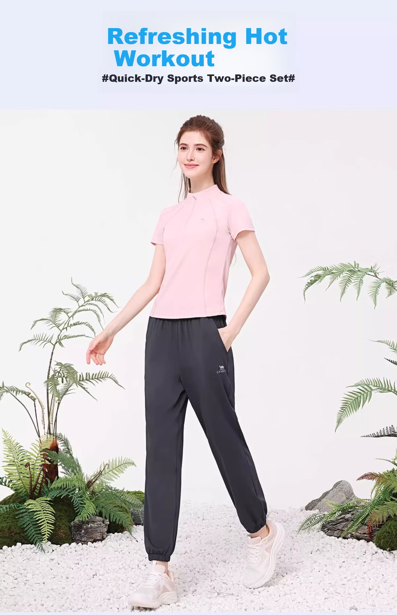 CAMEL Yoga Set Quick-Dry Breathable Sports Women's Short-Sleeve Two-Piece Set L Ice Blue/gray Lavender, Stand-Up Collar Style 1