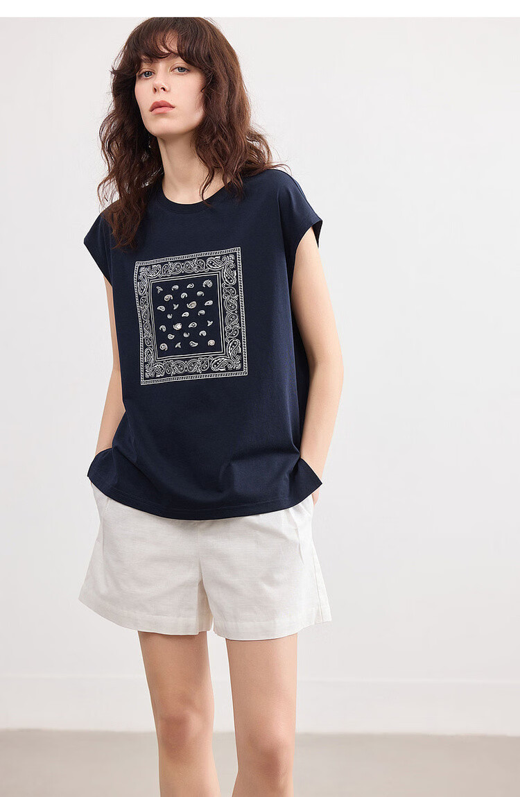 Demana [Cool Sorona] Summer Retro Print Crew Neck Short Sleeve Loose Casual Simple Versatile Women's T-Shirt 19